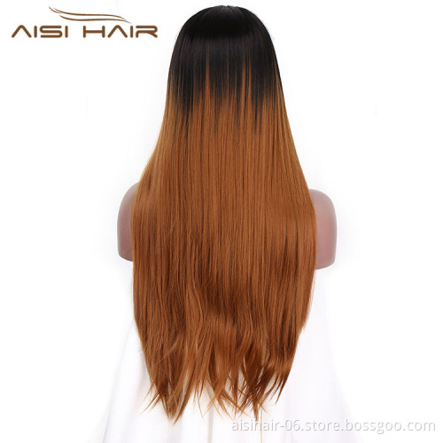 High Quality Ombre Wig Natural Wave Front Lace Brown Dark Root Lace Frontal Long Silky Straight Wig Hair Wigs For Women